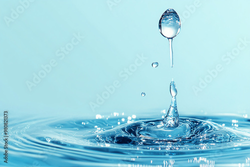 Large drop of liquid water, oil, rain on bokeh background. Macro water drop falling on water closeup. Save clean water, ecology concept Water conservation. photo