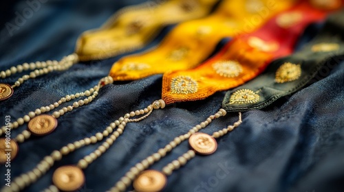 An assortment of rakhis for Rakhi festivities, showcasing a range of vibrant designs. Presented on a blue background, perfect for social media postings. photo