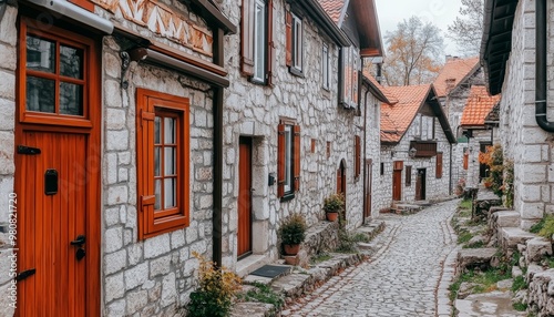 Charming European Lane Narrow Cobblestone Street with Quaint Stone Houses and Vibrant Shutters