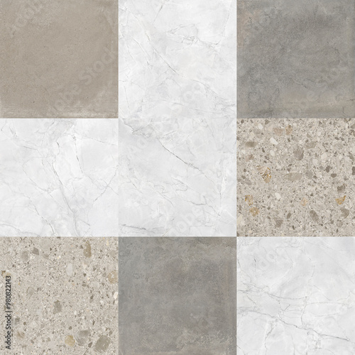 Creative patchwork pattern stone ceramic wallpaper design. White marble