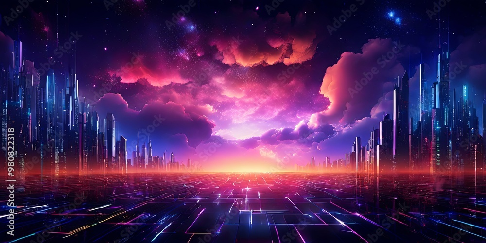 Obraz premium A cityscape with a purple sky and a bright orange sun