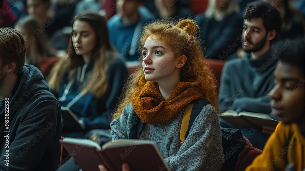 Depict a student sitting in a lecture hall, surrounded by other students with notebooks open, ready for the semester to begin with anticipation and eagerness. Depict a student sitting in a lecture hall, surrounded by other students with notebooks open, ready for the semester to begin with anticipation and eagerness.