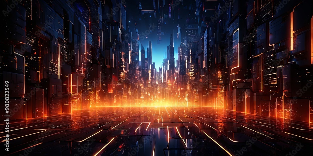Fototapeta premium A cityscape with a bright orange glow in the background