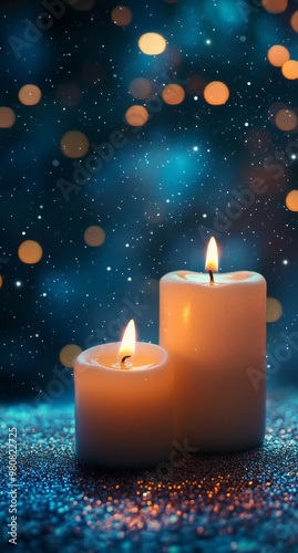 Two lit candles glowing softly against a blurred background with twinkling lights at night