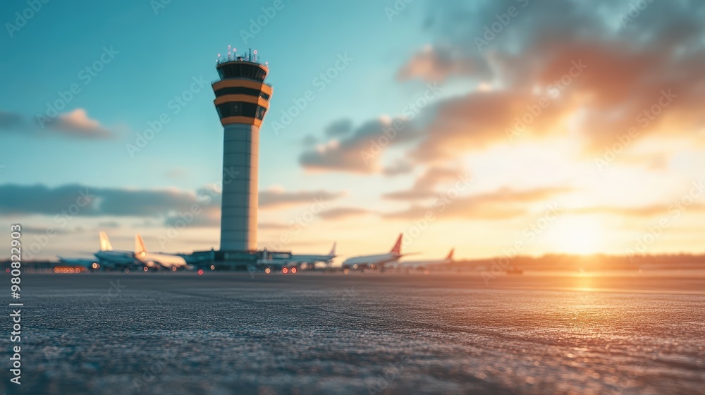 Naklejka premium A Beautiful Sunset at the Airport with a Tower and Airplanes Lined Up in the Background