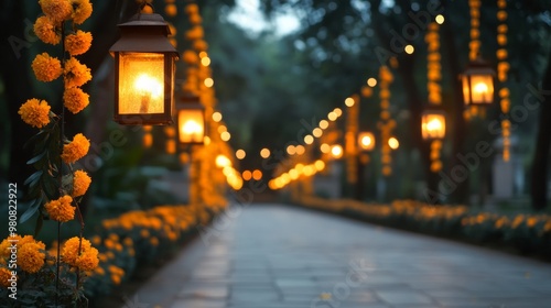 Beautifully lit temple entrance with hanging lanterns and strings of marigold flowers, welcoming devotees for Diwali  photo