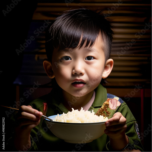 chinese boy eating rice