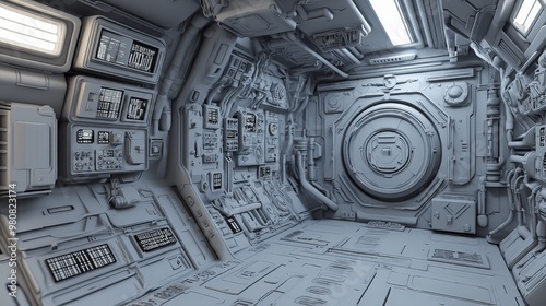 Fototapeta Naklejka Na Ścianę i Meble -  A futuristic space station with a large control panel and a chair