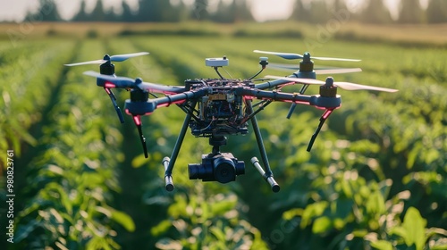 Drone flying over a field of crops for agricultural monitoring.