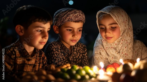 Children listening to stories told by grandparents on Yalda Night, sitting around a spread of fruits, nuts, and flickering candlelight 