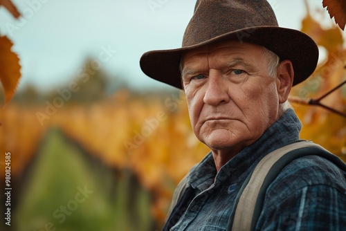 A man wearing a hat and a blue plaid shirt stands in a field of grapes. He looks tired and unhappy