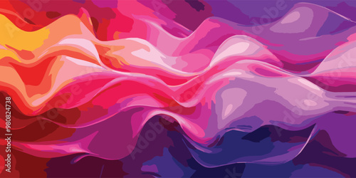 Abstract artwork features flowing waves of vibrant colors, blending reds, pinks, and purples, creating dynamic visual experience that evokes energy and emotion