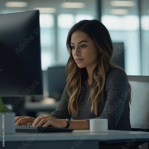 Young woman working at her desk in a modern office, focused on her computer