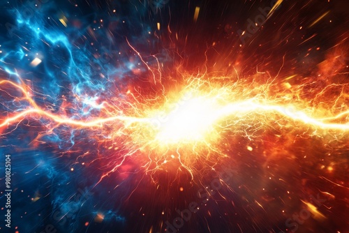 A vibrant digital illustration of an explosive burst of energy with intertwining streams of blue and red light, resembling a cosmic event or a scientific visualization of a reaction photo