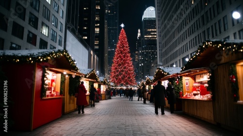 Christmas market in the heart of Times Square, New York, with bright holiday decorations, festive booths, and a giant Christmas tree  photo