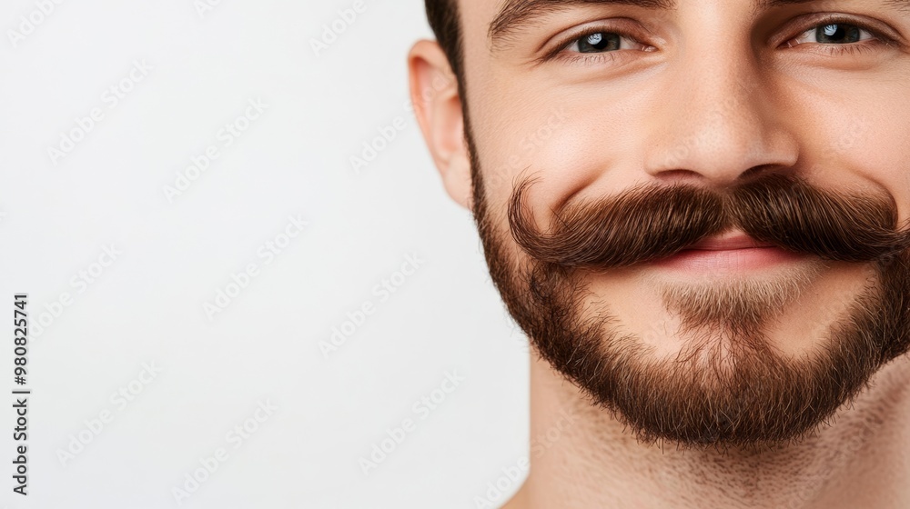 Obraz premium Close-up of a man with a bold handlebar mustache smiling against a white background with text space