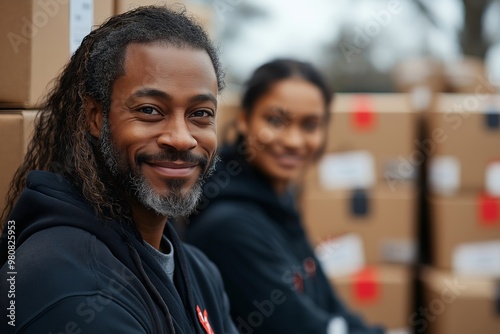 A man and woman are smiling at the camera. The man is wearing a black hoodie and the woman is wearing a black shirt. They are both sitting on a pile of boxes