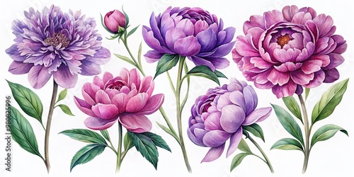 Fototapeta Naklejka Na Ścianę i Meble -  Set of peonies flower purple pink lavender pastel color Watercolor, collection of hand drawn flowers , Botanical plant illustration transparent background, PNG.