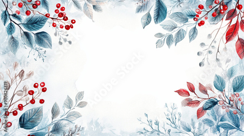 Winter leaves and berries frame. Seasonal Christmas design template, watercolor illustration