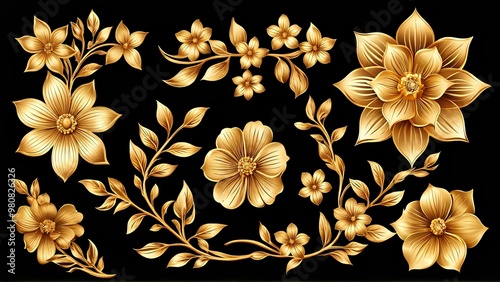 Golden flower ornament vector set