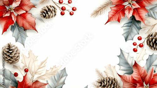 Winter flowers with leaves frame, pinecones and poinsettia flowers. Seasonal Christmas design template, watercolor illustration