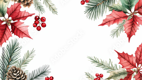 Winter flowers with leaves frame, pinecones and poinsettia flowers. Seasonal Christmas design template, watercolor illustration