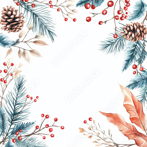 Winter flowers with leaves frame, pinecones and branches. Seasonal Christmas squared design template, watercolor illustration