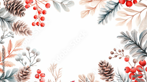 Winter flowers with leaves frame, pinecones and poinsettia flowers. Seasonal Christmas design template, watercolor illustration