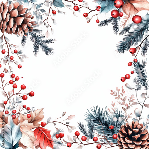 Winter flowers with leaves frame, pinecones and branches. Seasonal Christmas squared design template, watercolor illustration