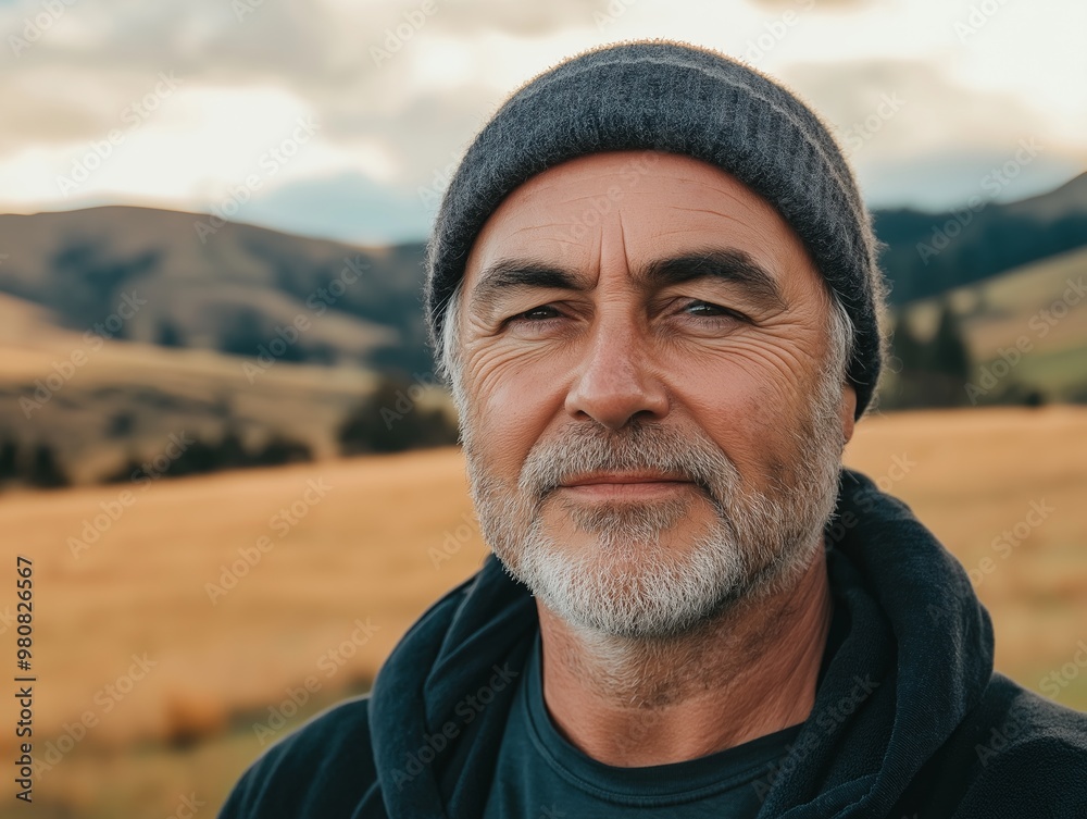 A man with a gray beard and a gray hat is standing in a field. He is smiling and looking at the camera A man with a gray beard and a gray hat is standing in a field. He is smiling and looking at the camera