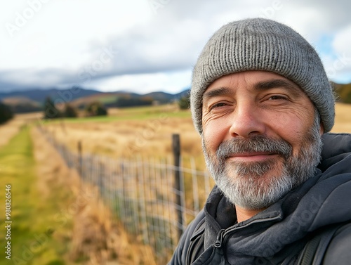 A man with a gray hat and beard is smiling and posing for a picture. The image has a peaceful and relaxed mood, as the man is standing in a field with a fence in the background