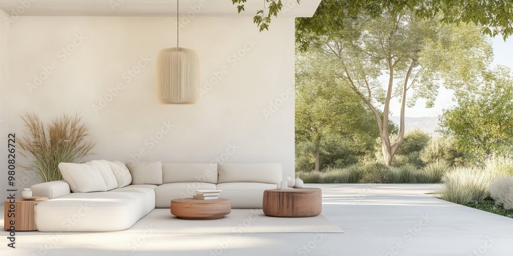 Fototapeta premium Classic mid-century modern street furniture design, neutral colors, aesthetic ambiance scandinavian sofa and chairs made of wood and beige textiles. Scandinavian backyard terrace surrounded by trees