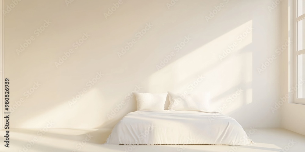 Minimalistic white empty bedroom with a double bed on the floor, and a ...