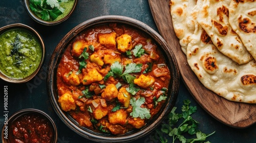 A detailed shot of Indian aloo gobi curry with a side of naan and chutneys, served hot and aromatic. photo