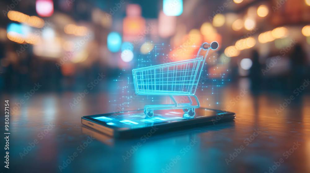 Hologram of a shopping cart appearing from a smartphone on a table, online shopping concept Hologram of a shopping cart appearing from a smartphone on a table, online shopping concept
