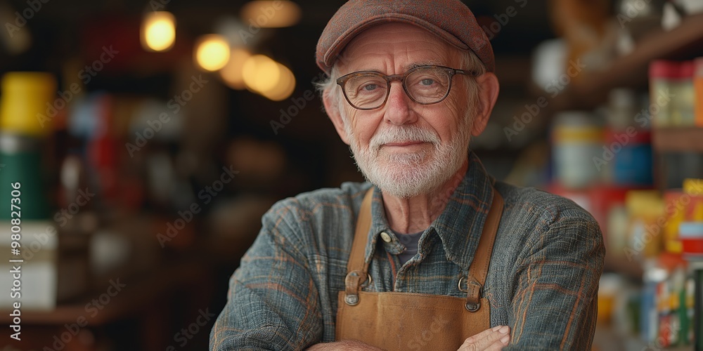 A man with a hat and glasses stands in front of a store with apron on. He looks serious and focused A man with a hat and glasses stands in front of a store with apron on. He looks serious and focused