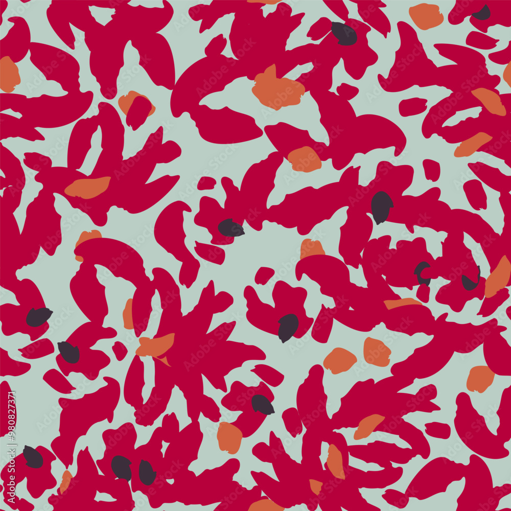 Stylish seamless blue pattern with abstract burgundy flowers. Vector square background, illustration, print, design