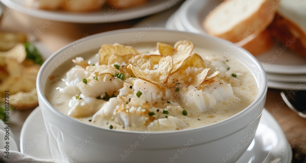 Creamy potato soup topped with crunchy chips and herbs served in a rustic bowl with bread Creamy potato soup topped with crunchy chips and herbs served in a rustic bowl with bread