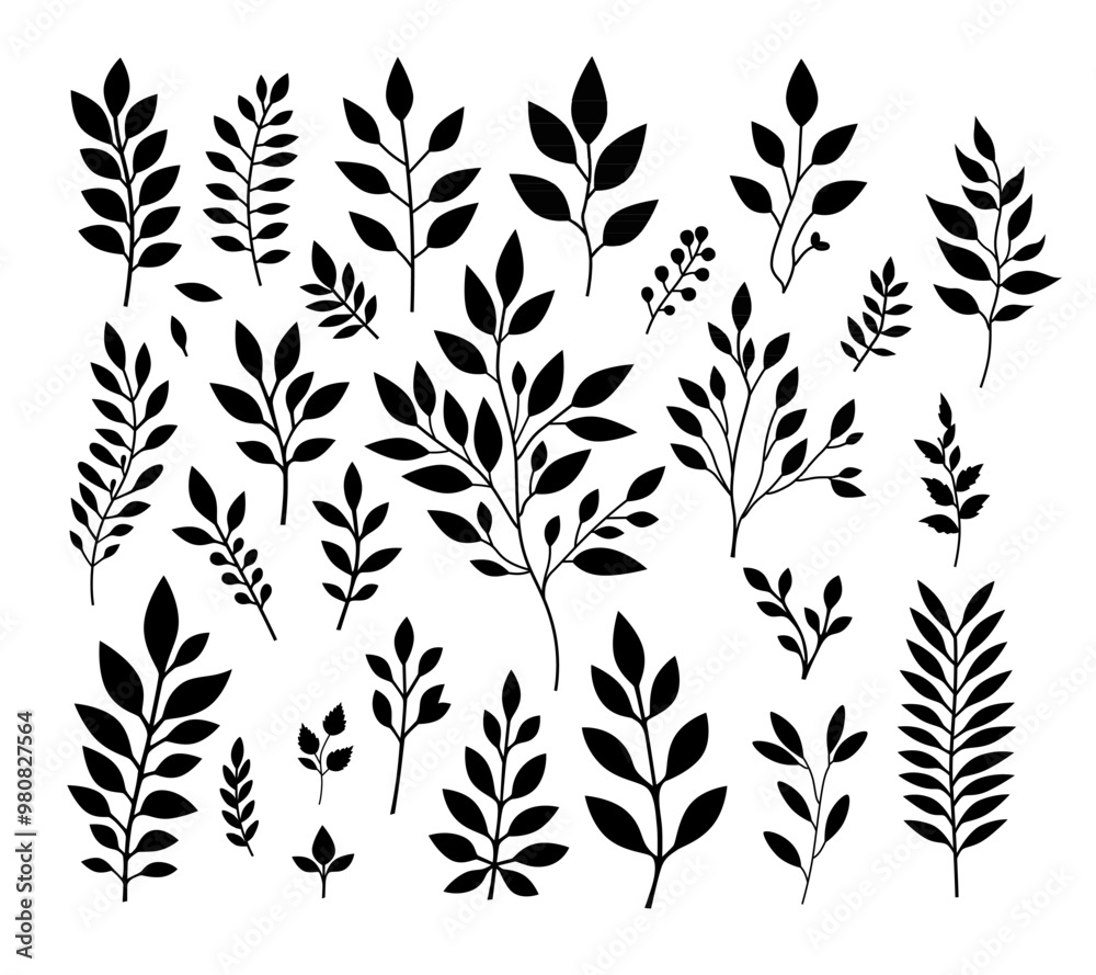 hand drawn floral elements. Vector set botanical illustration, minimalistic plant symbols. Collection black silhouette branches. Vector illustration for labels, save the date, wedding invitation hand drawn floral elements. Vector set botanical illustration, minimalistic plant symbols. Collection black silhouette branches. Vector illustration for labels, save the date, wedding invitation
