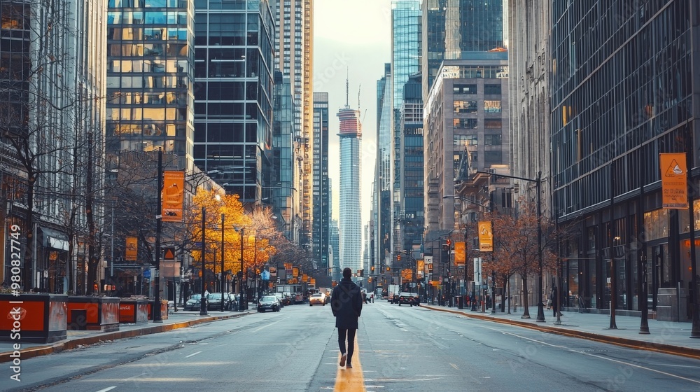 Fototapeta premium A person walking down a city street lined with concrete and tall buildings, with no greenery in sight, feeling disconnected from nature.