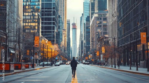 A person walking down a city street lined with concrete and tall buildings, with no greenery in sight, feeling disconnected from nature. photo