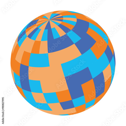 A vibrant globe featuring a mosaic of blue, orange, and yellow patterns. This modern design emphasizes a dynamic and colorful representation of the Earth.
