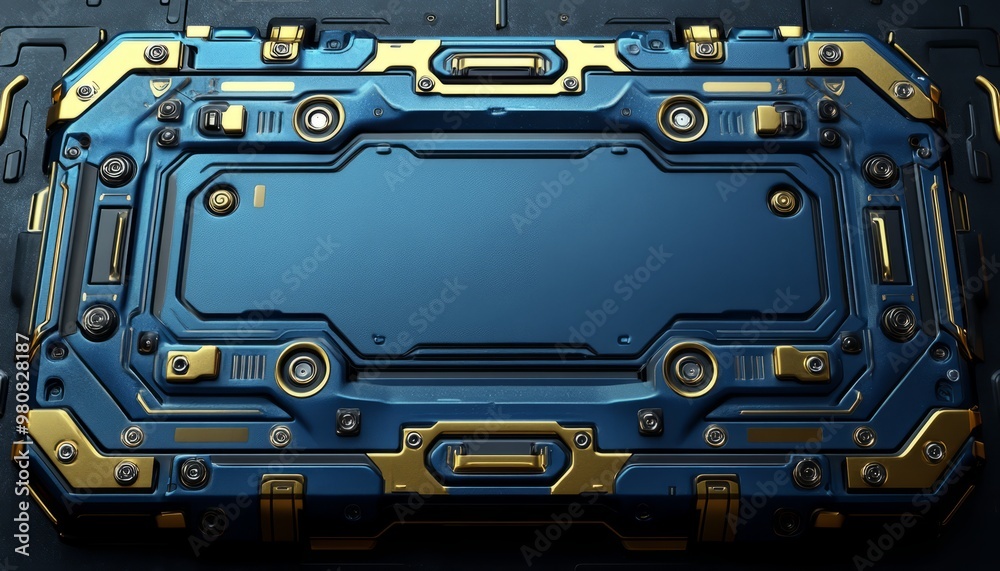 Blue and Gold Metallic Panel with Screws and Details
