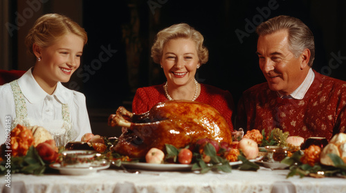 Family members of all ages gathered around a Thanksgiving table, smiling and sharing thanks before a meal 