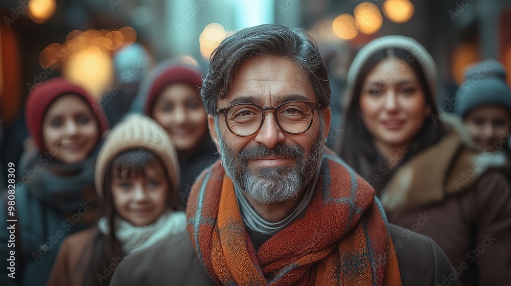 A man with glasses and a scarf is smiling at the camera. He is surrounded by a group of people, including children. Scene is warm and friendly, as the man is enjoying the company of his family A man with glasses and a scarf is smiling at the camera. He is surrounded by a group of people, including children. Scene is warm and friendly, as the man is enjoying the company of his family