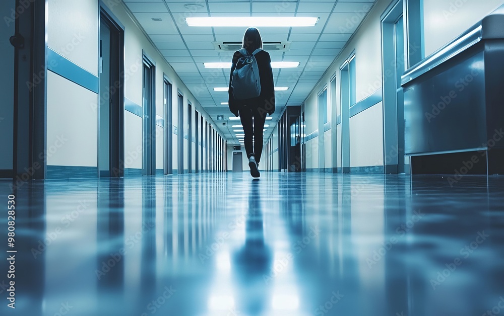 Fototapeta premium A person walking down an empty hallway, with the only sound being their footsteps echoing, emphasizing the feeling of being alone.