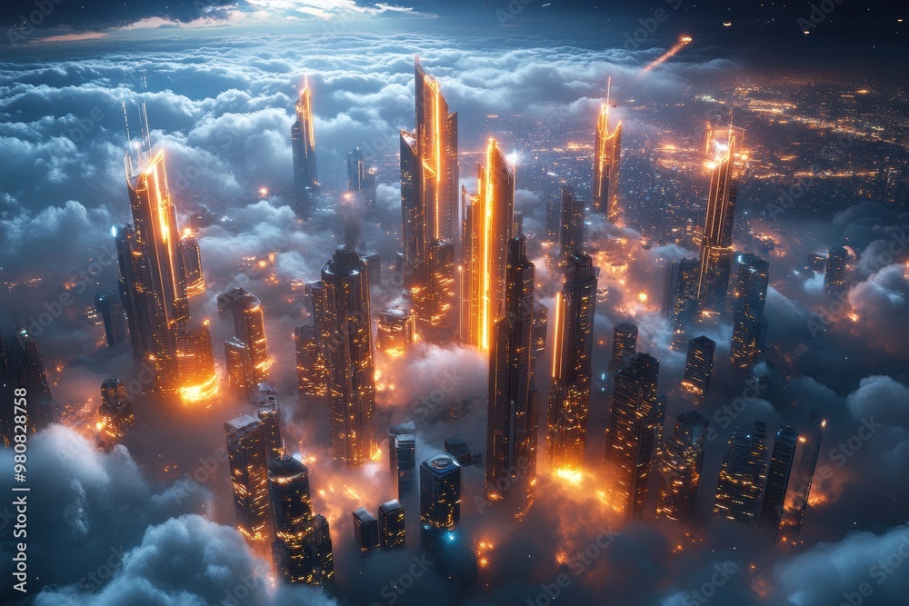 A futuristic city floating among the clouds, featuring glowing towers A futuristic city floating among the clouds, featuring glowing towers