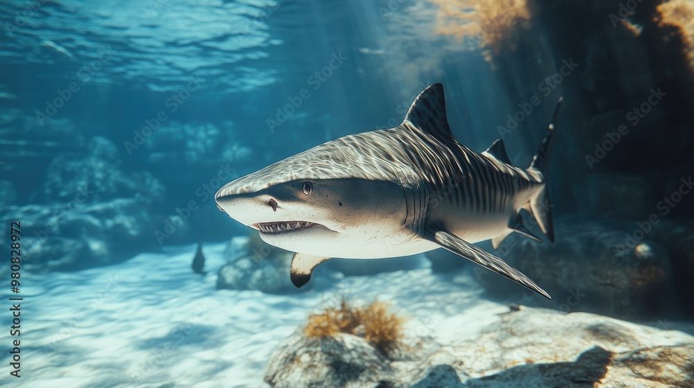 Fototapeta premium A close-up of a tiger shark swimming along the ocean floor, showcasing its powerful body and distinct markings.