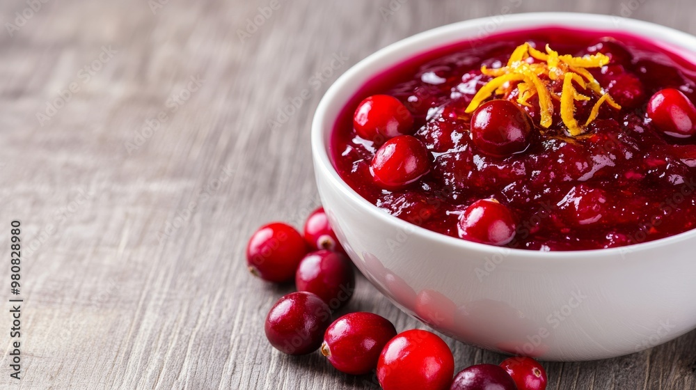 Freshly made cranberry sauce in a white bowl, with whole cranberries and orange zest on top, against a rustic wood background Freshly made cranberry sauce in a white bowl, with whole cranberries and orange zest on top, against a rustic wood background