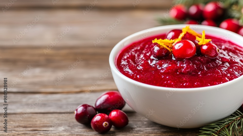 Freshly made cranberry sauce in a white bowl, with whole cranberries and orange zest on top, against a rustic wood background Freshly made cranberry sauce in a white bowl, with whole cranberries and orange zest on top, against a rustic wood background